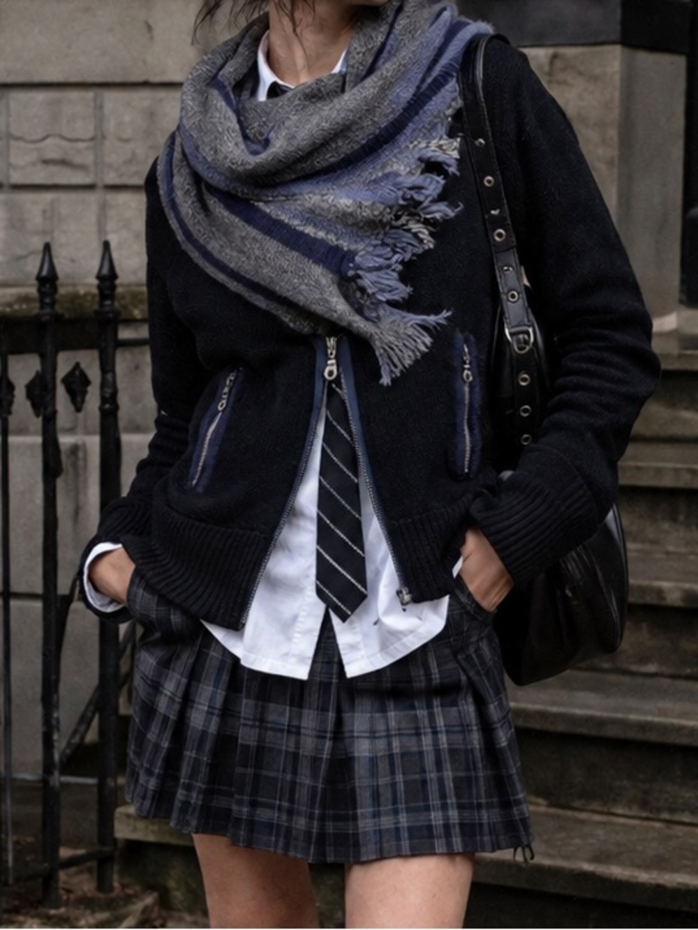 Free People "Faux Scarf" Zip-Up Wool Sweater Jacket – Black/Gray/Blue – Size S - Picture 3 of 11